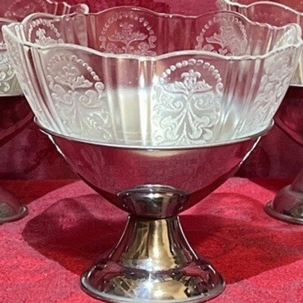 MacBeth Evans Etched Glass Silver Plated Dessert Cups Pedestal Bases Set of 6